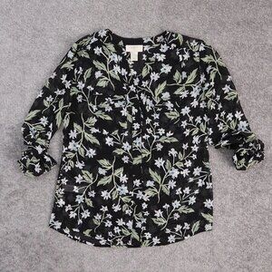 Women's Ann Taylor LOFT Petite XS Black Floral Button Roll Up Sleeve Blouse